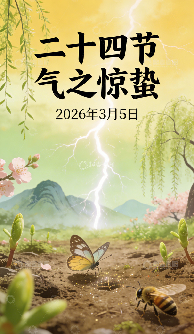 高清大图下载【趣麦麦图】惊蛰节气春意插画