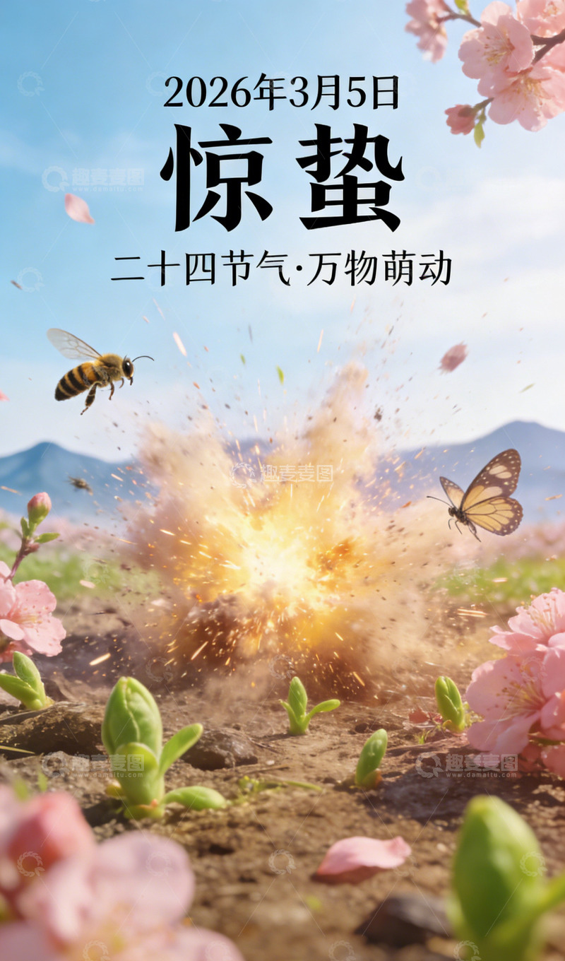 高清大图下载【趣麦麦图】惊蛰春光蜜蜂绽放海报