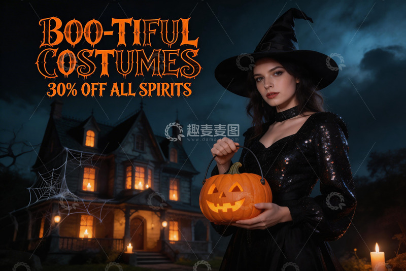 高清大图下载【趣麦麦图】神秘夜晚魔女南瓜灯促销