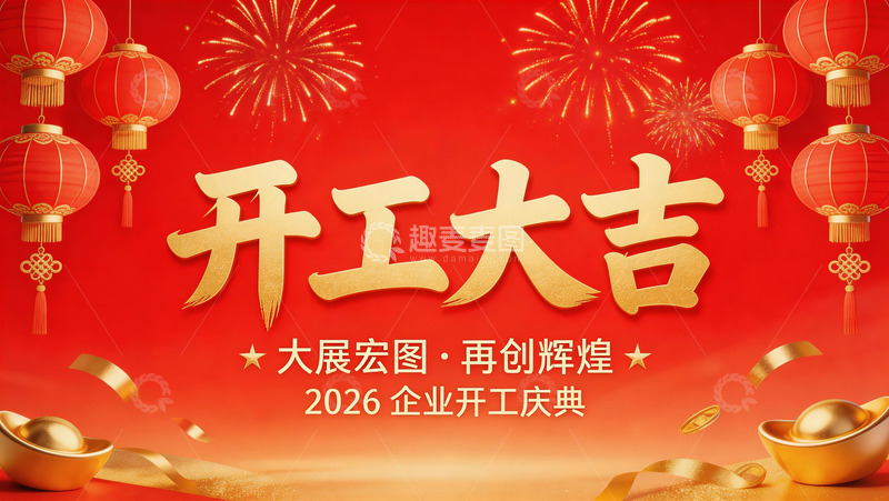高清大图下载【趣麦麦图】红色喜庆开工大吉海报平面设计