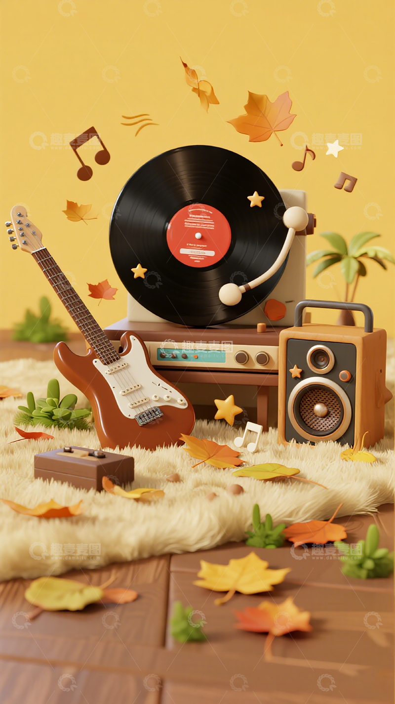 高清大图下载【趣麦麦图】复古音乐秋叶装饰摄影