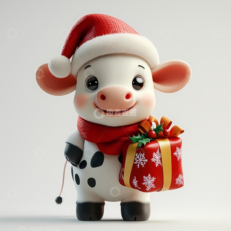 高清大图下载【趣麦麦图】卡通牛圣诞礼物插图