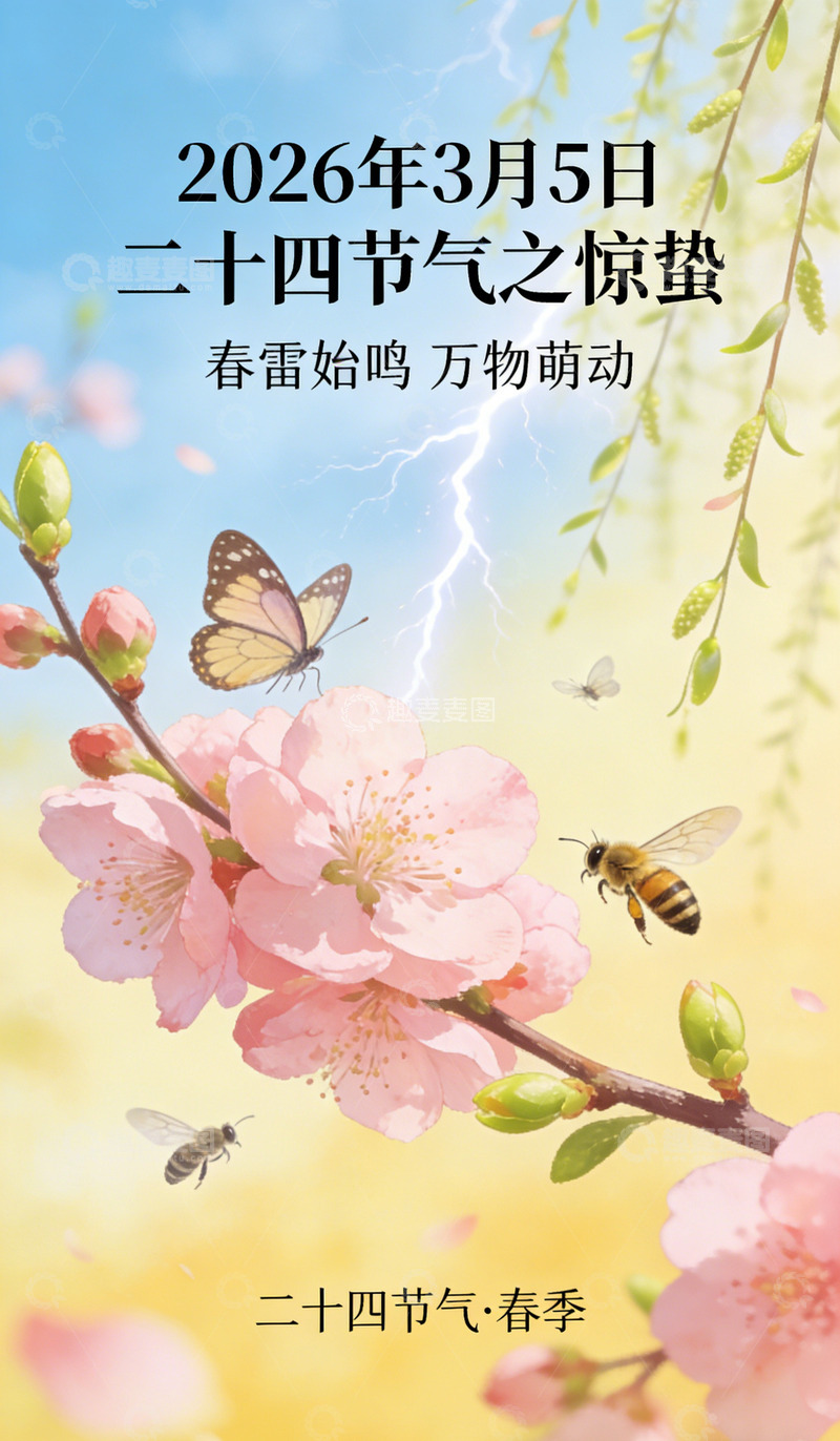 高清大图下载【趣麦麦图】春日惊蛰花卉蝴蝶插画