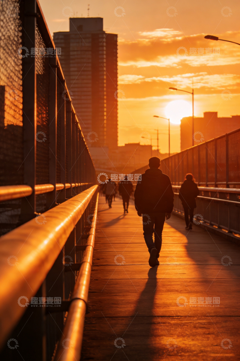 高清大图下载【趣麦麦图】黄昏城市人行桥剪影