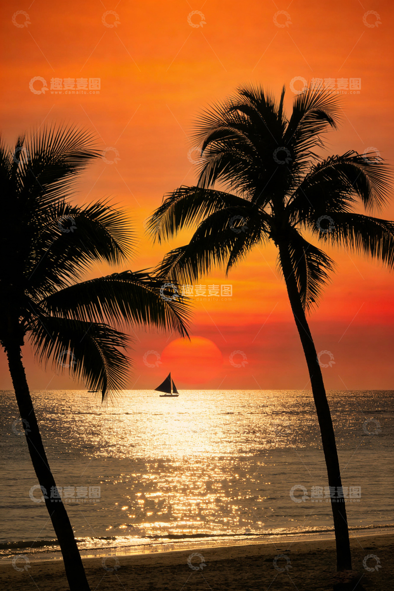 高清大图下载【趣麦麦图】椰树夕阳帆船剪影