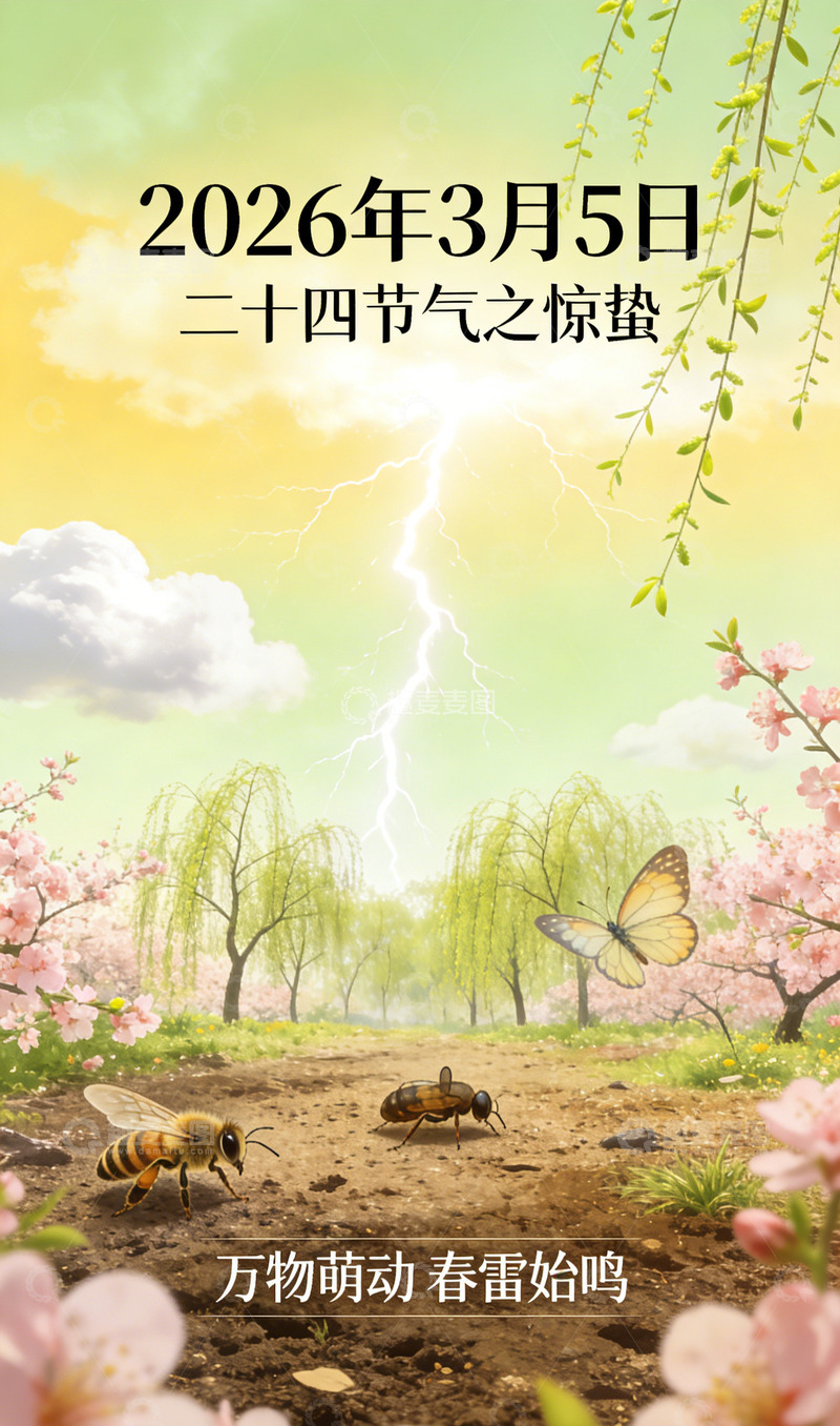高清大图下载【趣麦麦图】惊蛰节气春日美景宣传海报