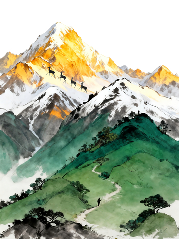 金山雪景和渐渐绿化的山体