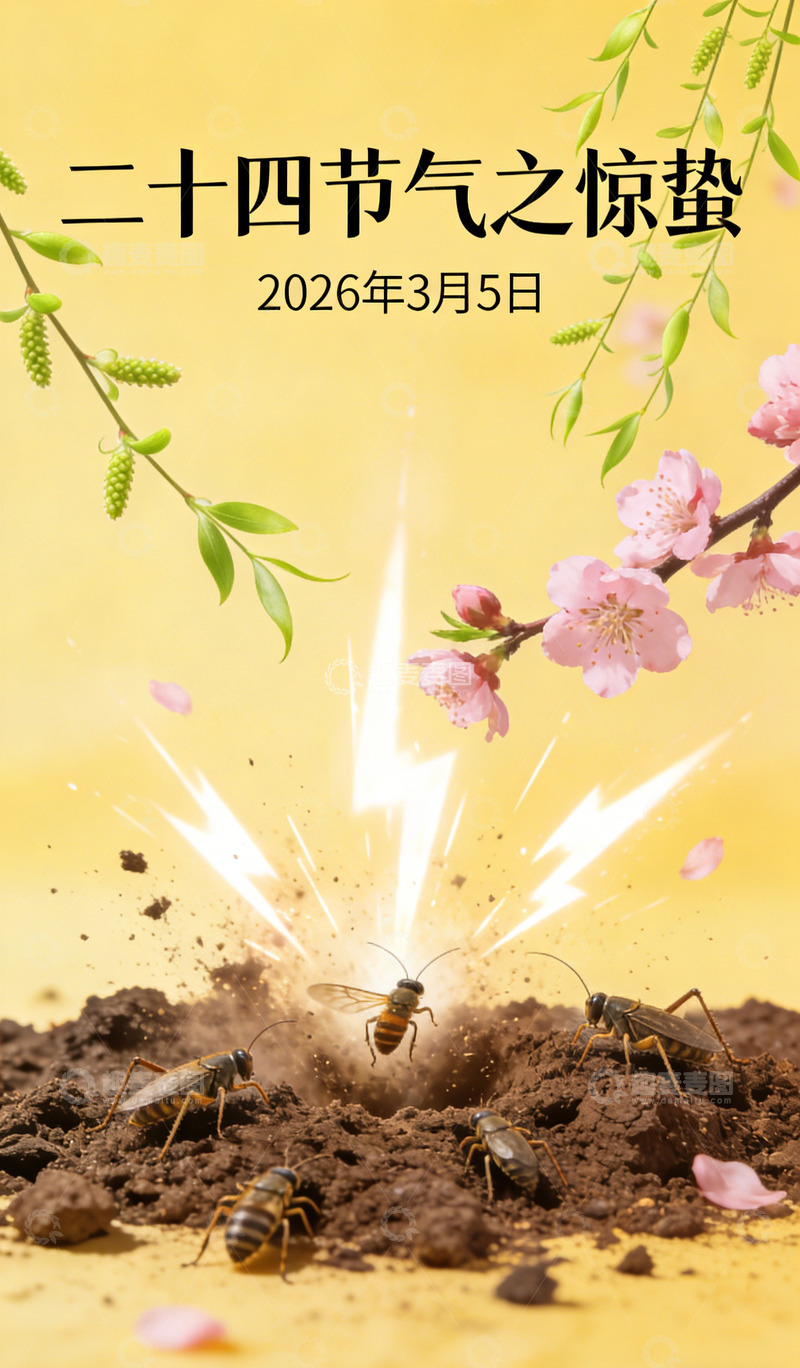 高清大图下载【趣麦麦图】惊蛰节气海报蚂蚁土壤桃花