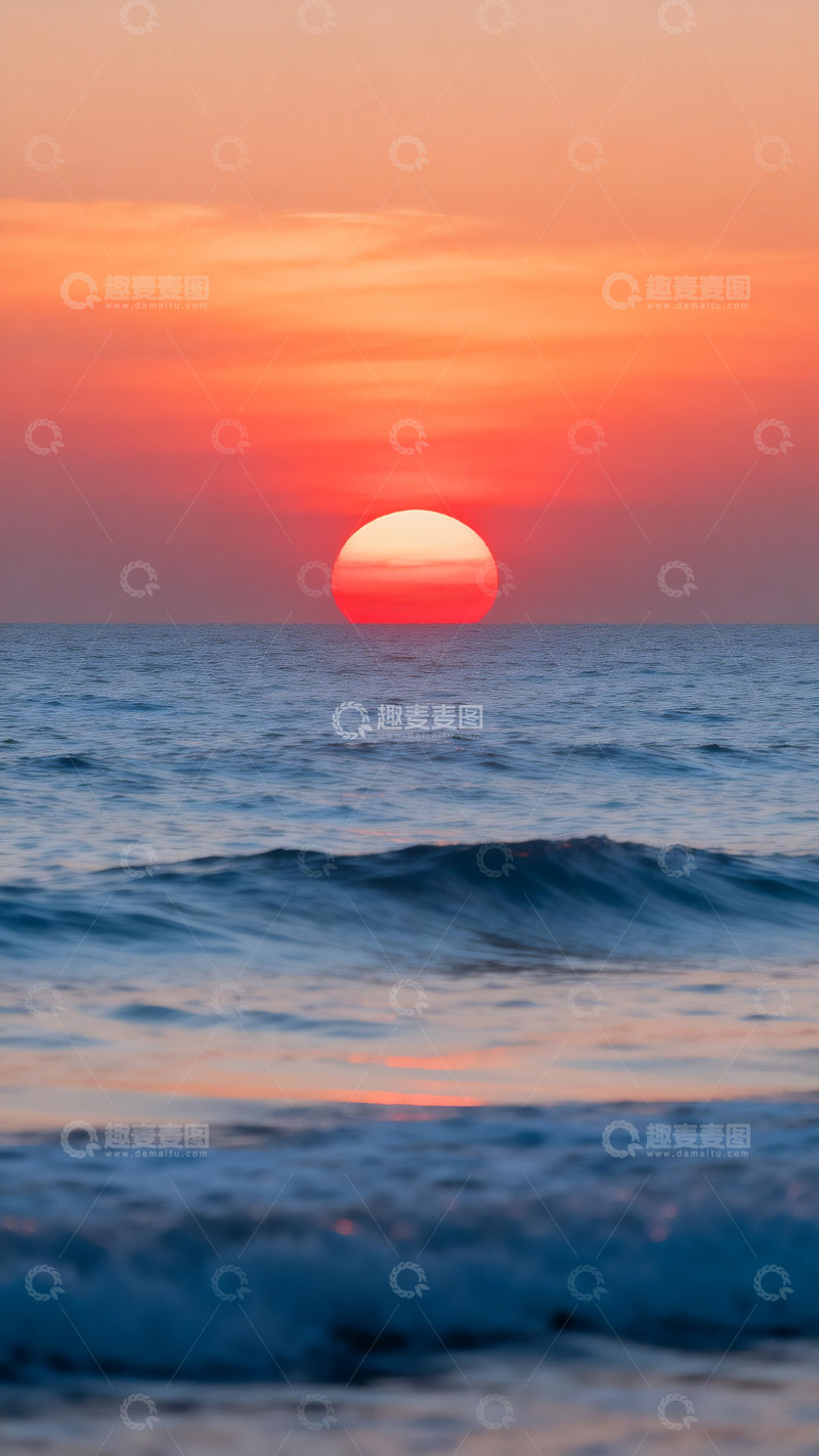 高清大图下载【趣麦麦图】海面上的红色落日4