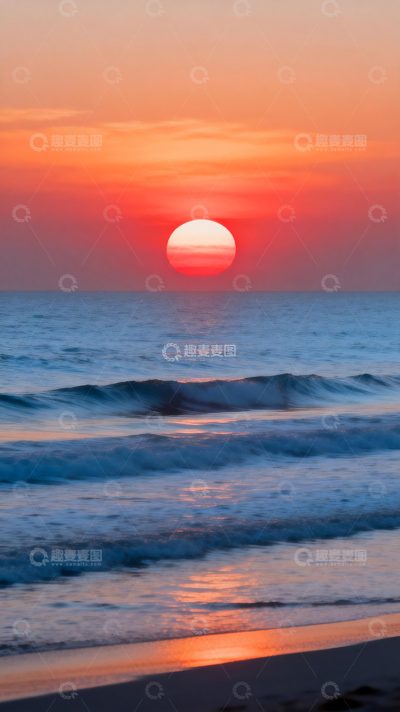 高清大图下载【趣麦麦图】海面上的红色落日2