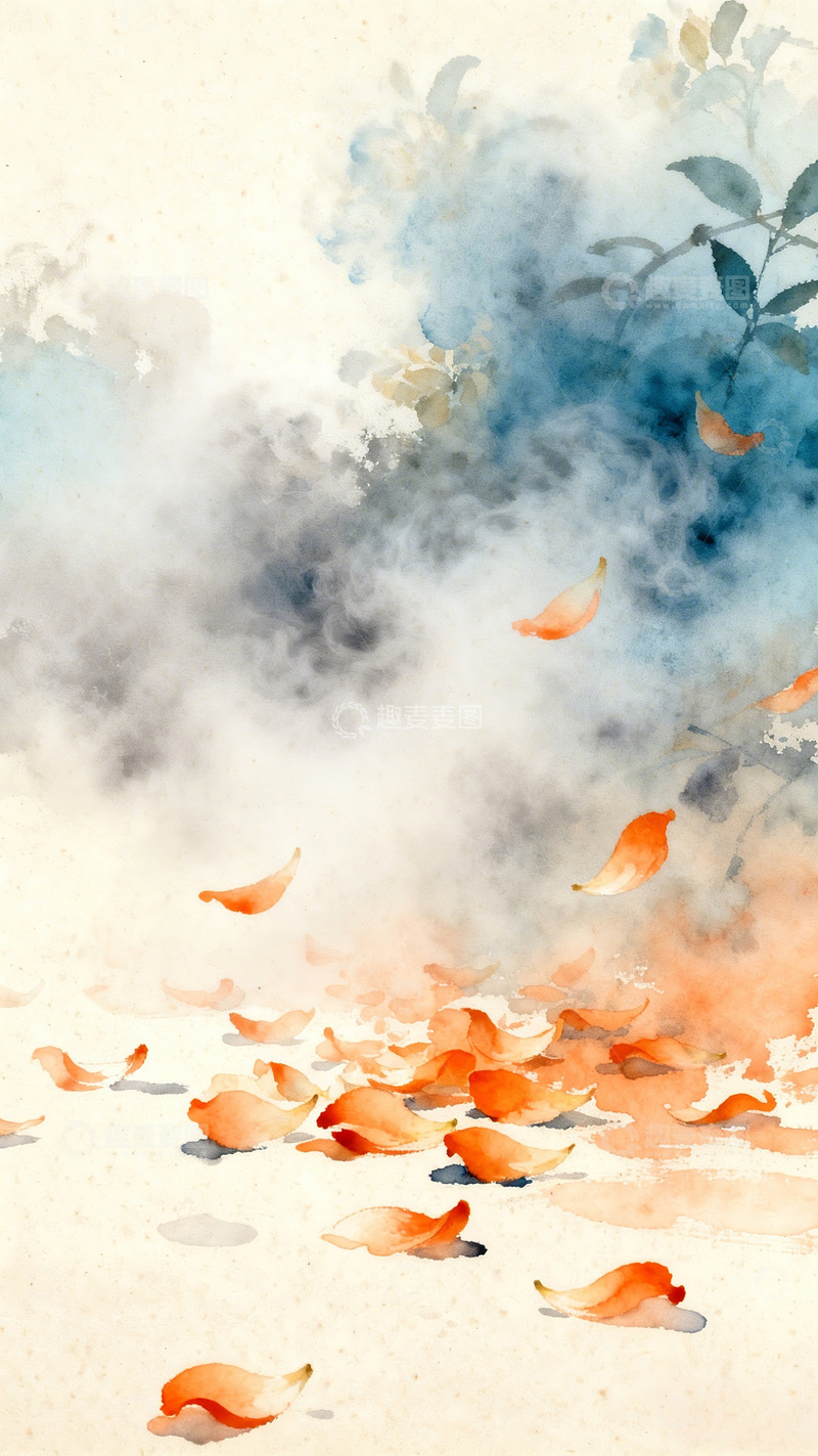 高清大图下载【趣麦麦图】水墨花瓣飘落意境插画