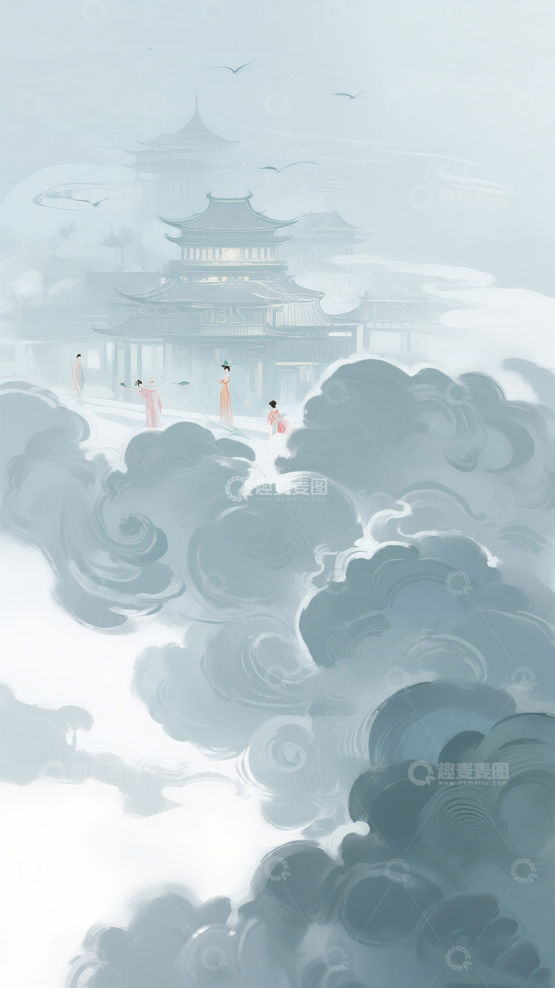 高清大图下载【趣麦麦图】水墨古风仙境建筑插画
