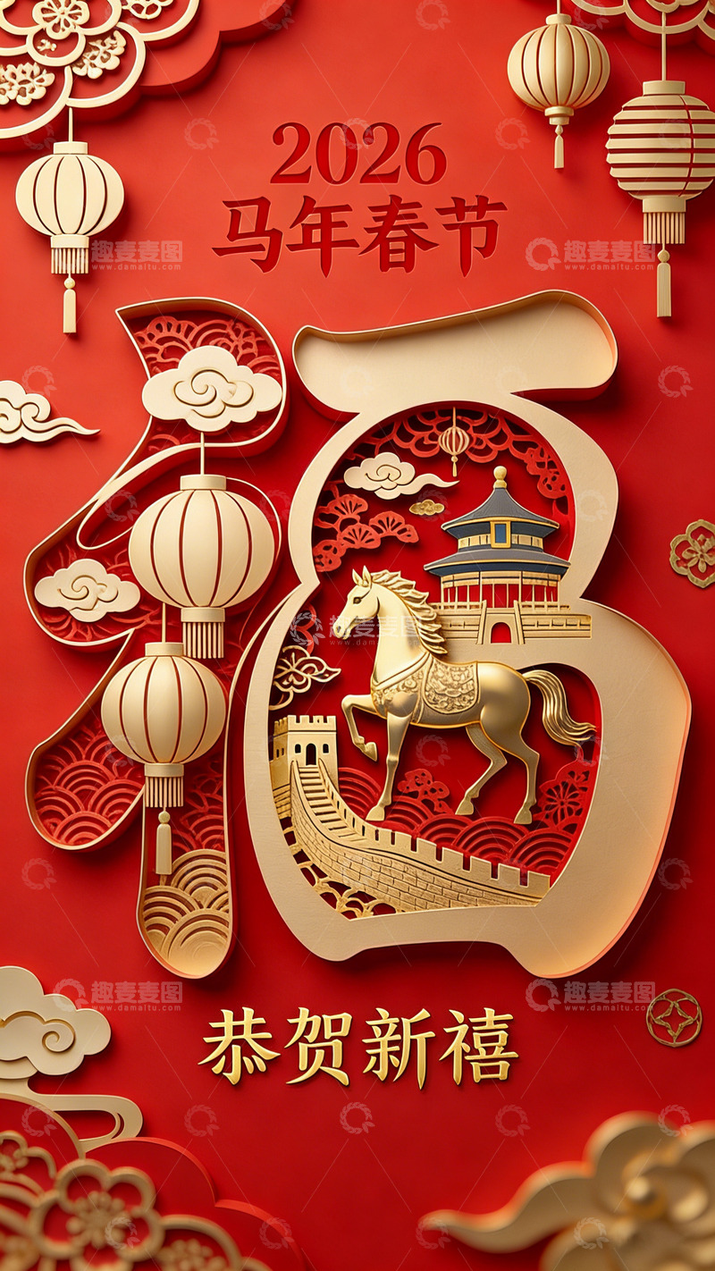 高清大图下载【趣麦麦图】2026马年新春剪纸艺术贺卡