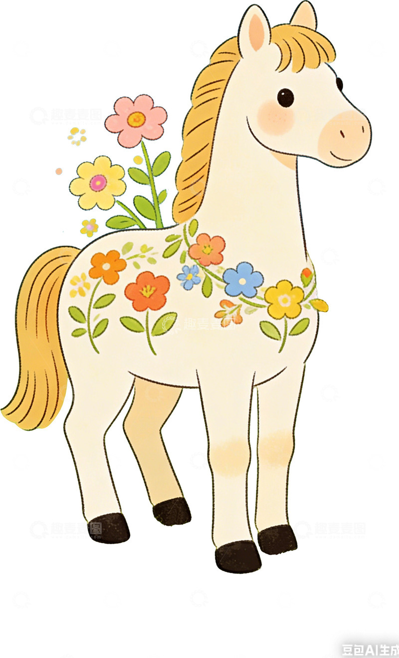 高清大图下载【趣麦麦图】卡通花卉小马插画设计素材