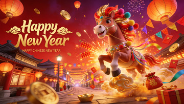 喜庆新年马儿卡通插画