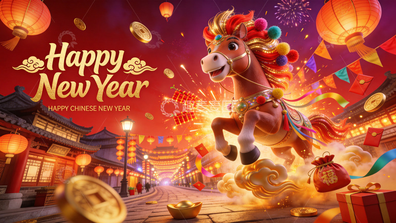 高清大图下载【趣麦麦图】喜庆新年马儿卡通插画