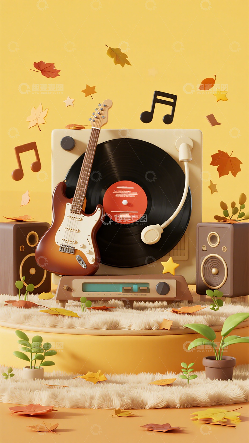 高清大图下载【趣麦麦图】复古音乐秋叶装饰壁纸