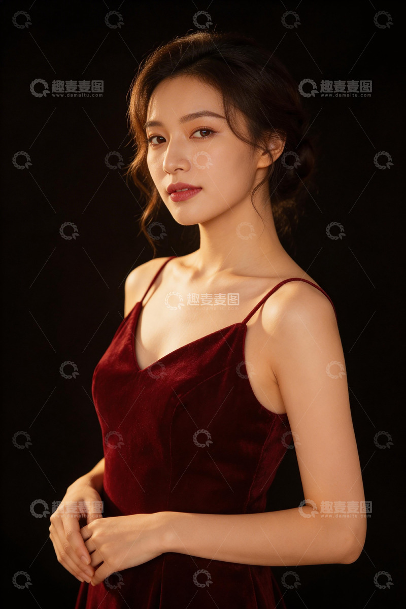 高清大图下载【趣麦麦图】红色丝绒礼服女性人像摄影