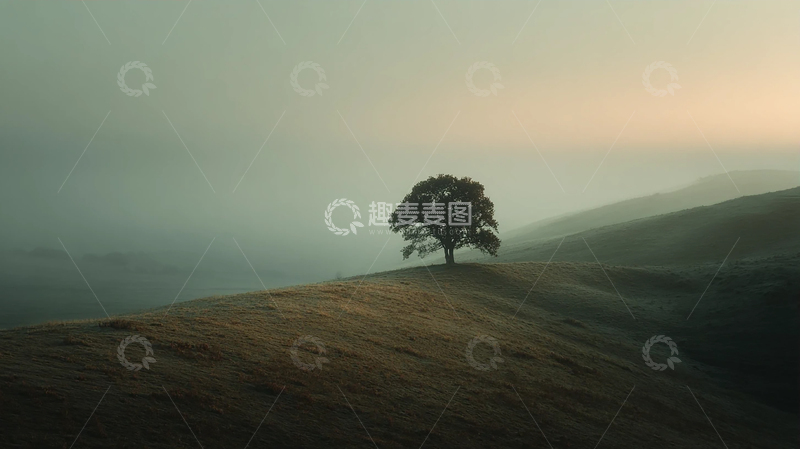 高清大图下载【趣麦麦图】孤树傲立晨雾山巅