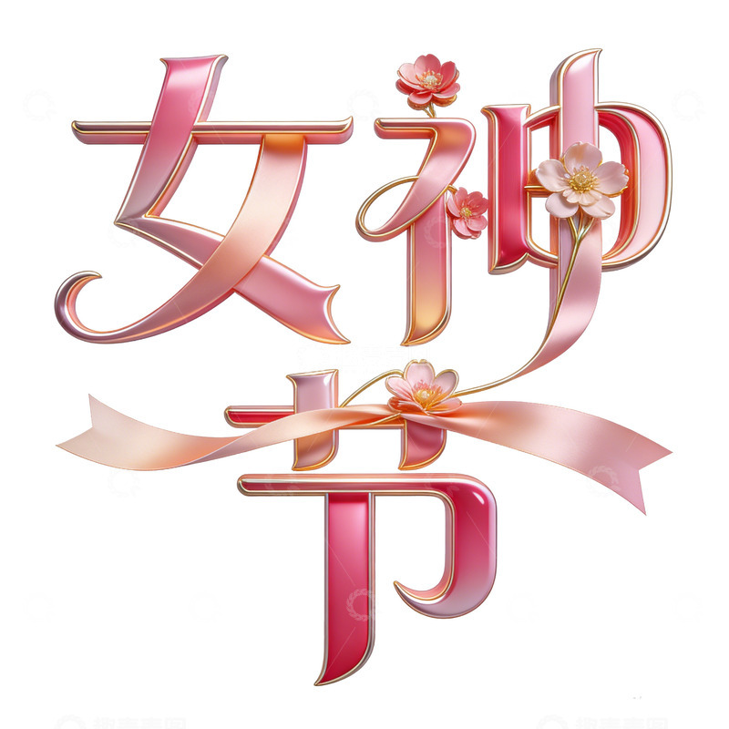 高清大图下载【趣麦麦图】女神节粉色花朵艺术字设计