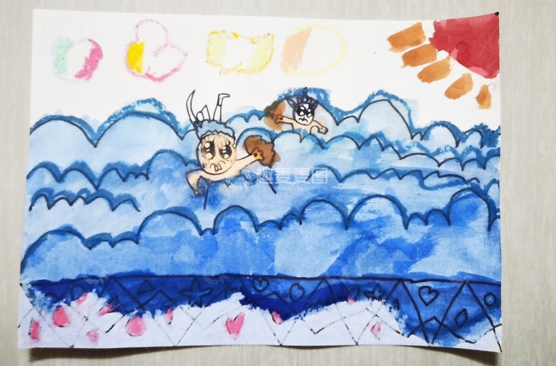 高清大图下载【趣麦麦图】儿童水彩画海浪嬉戏