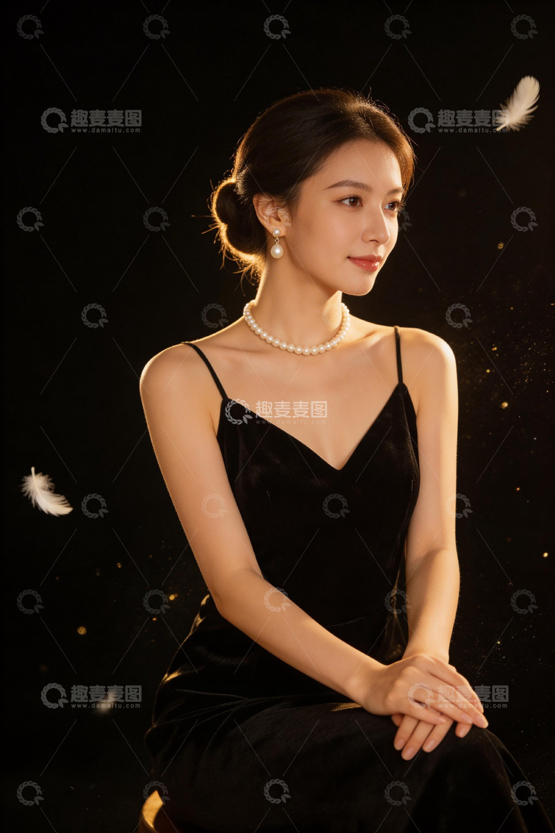 高清大图下载【趣麦麦图】黑色礼服优雅女性肖像摄影素材