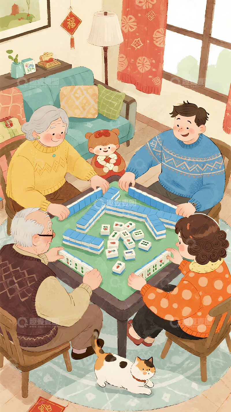 高清大图下载【趣麦麦图】绘本风格家庭打麻将场景2