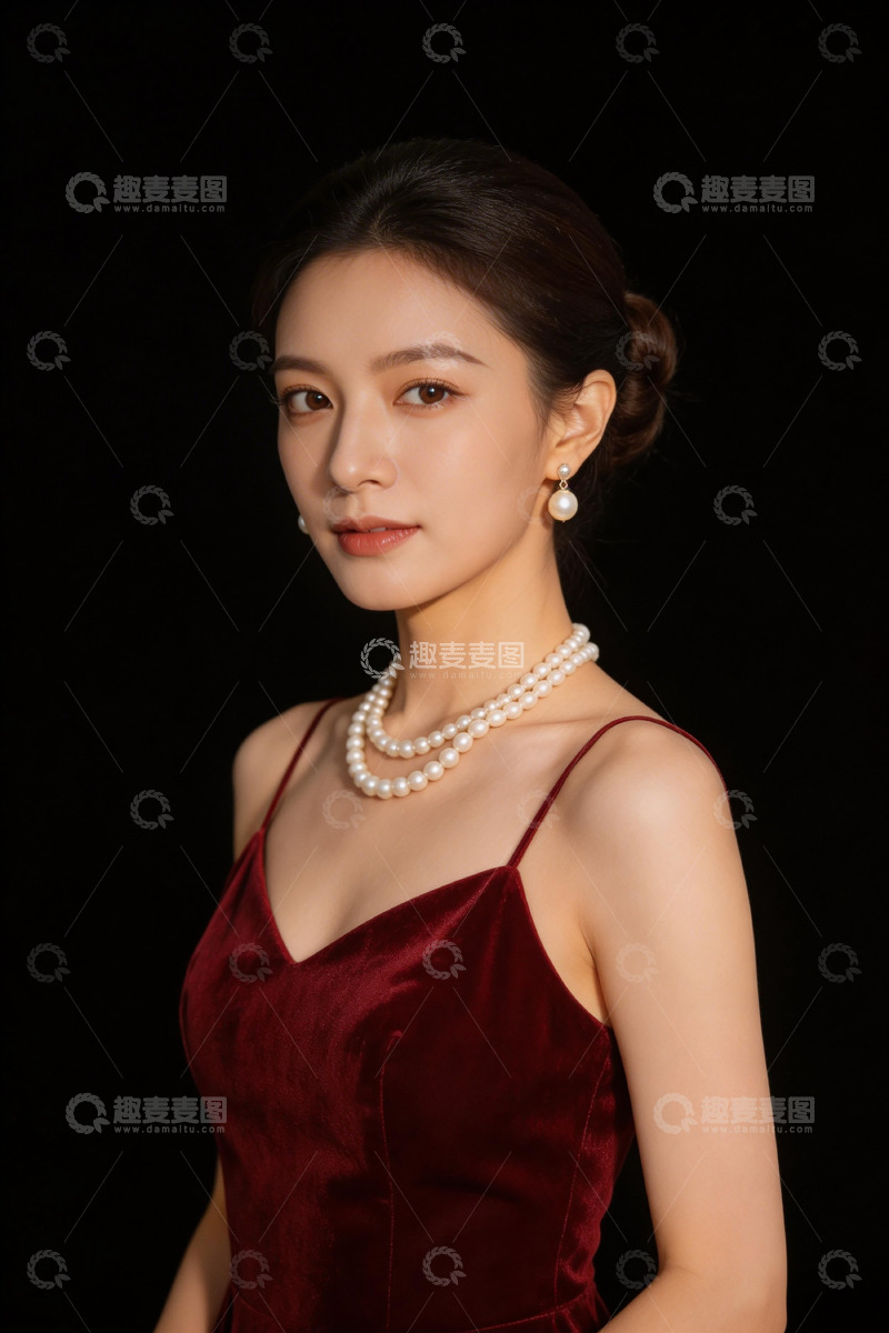 高清大图下载【趣麦麦图】红色丝绒礼服珍珠饰品人像摄影