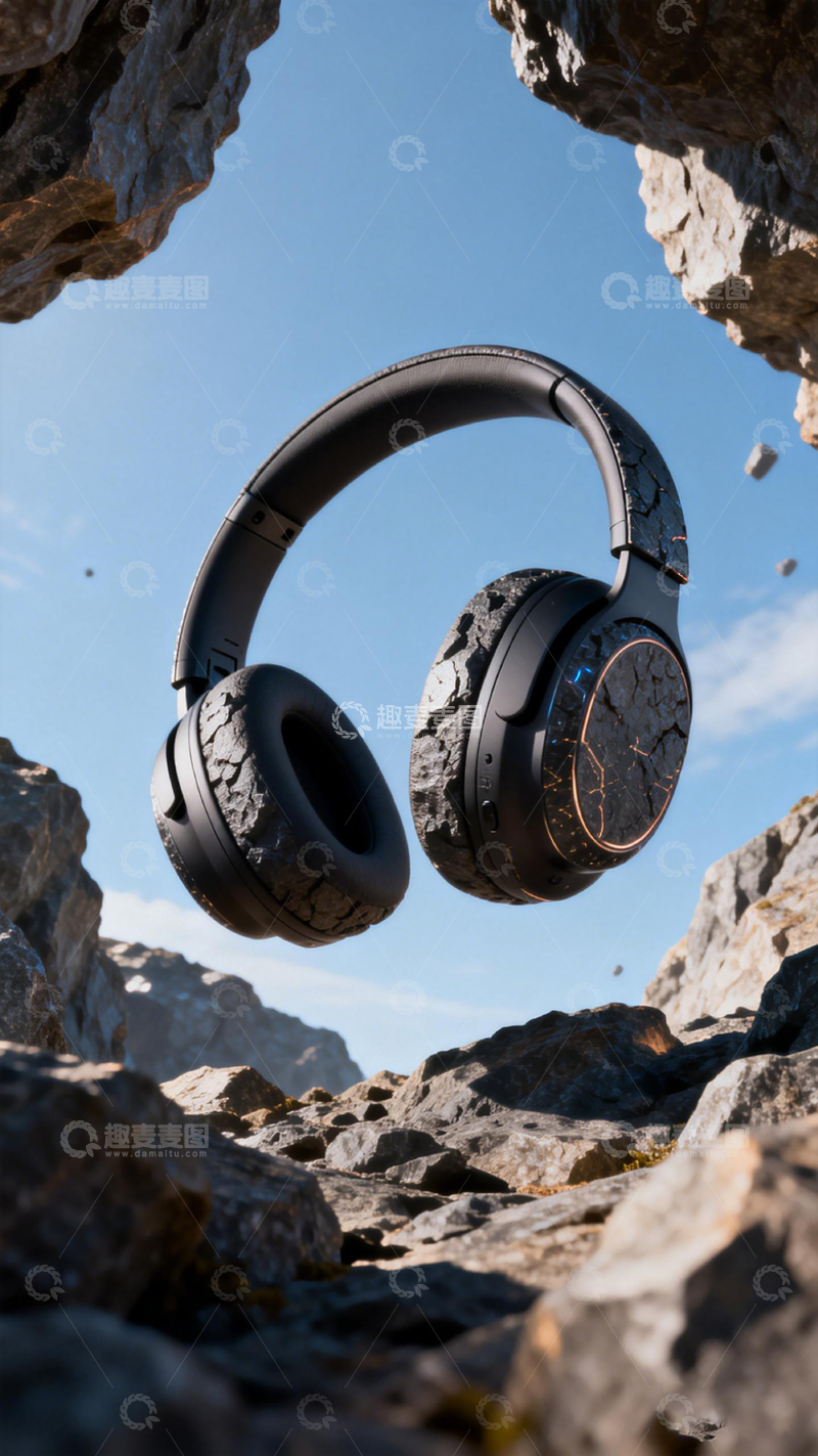 高清大图下载【趣麦麦图】现代耳机悬浮岩石创意摄影