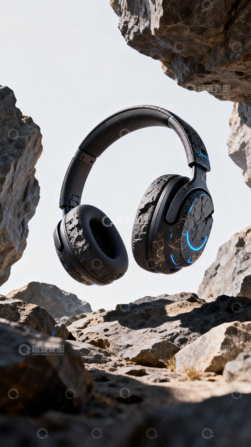 高清大图下载【趣麦麦图】科技耳机岩石背景创意展示
