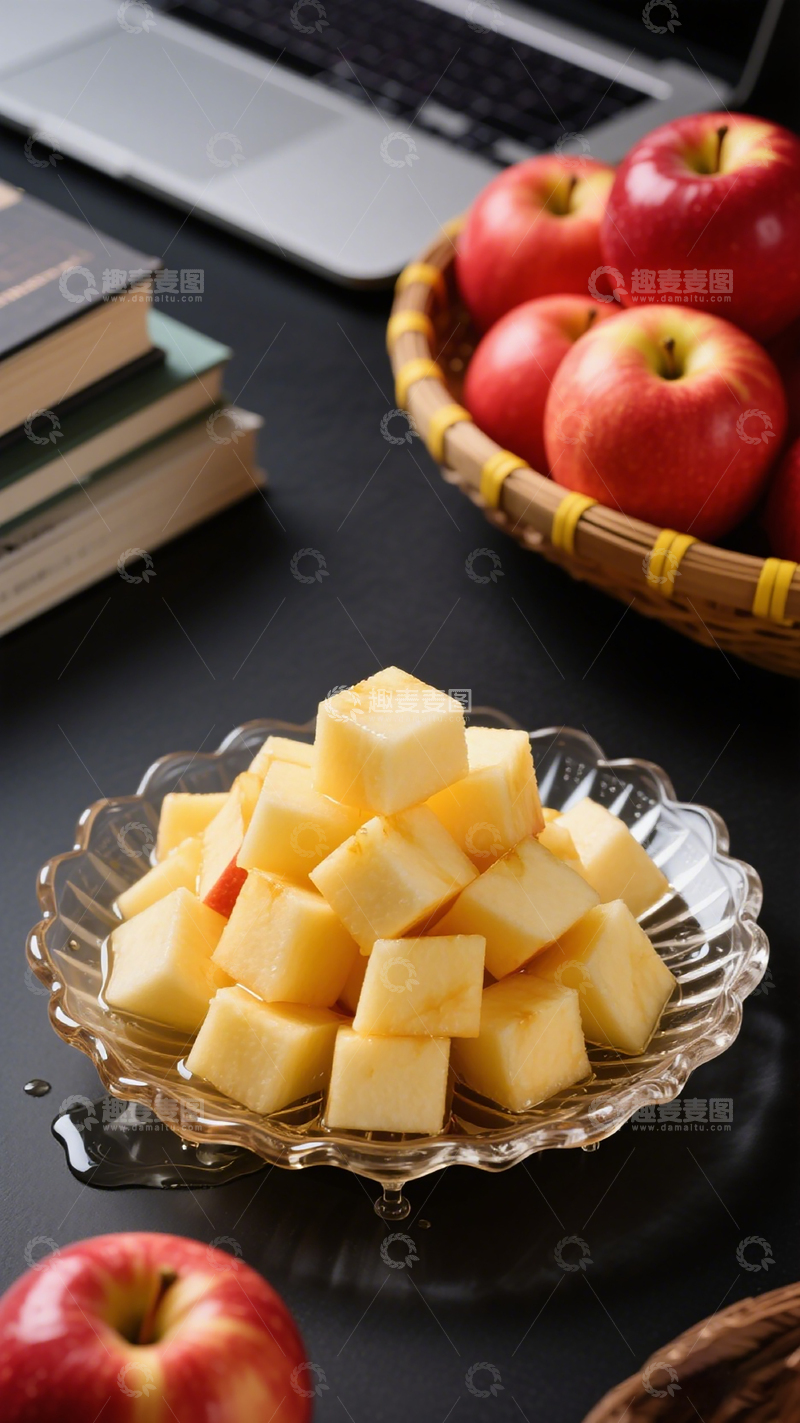 高清大图下载【趣麦麦图】玻璃盘苹果块静物摄影