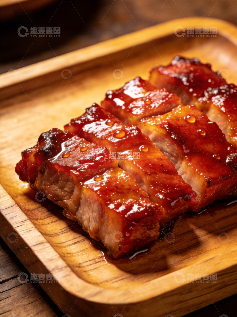 高清大图下载【趣麦麦图】木质托盘广式叉烧美食摄影