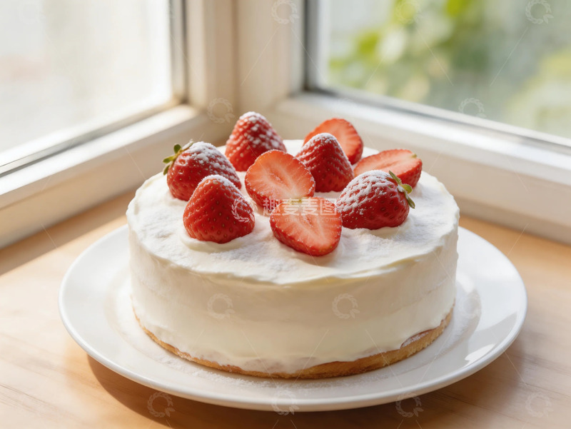 高清大图下载【趣麦麦图】窗前草莓奶油蛋糕美食摄影