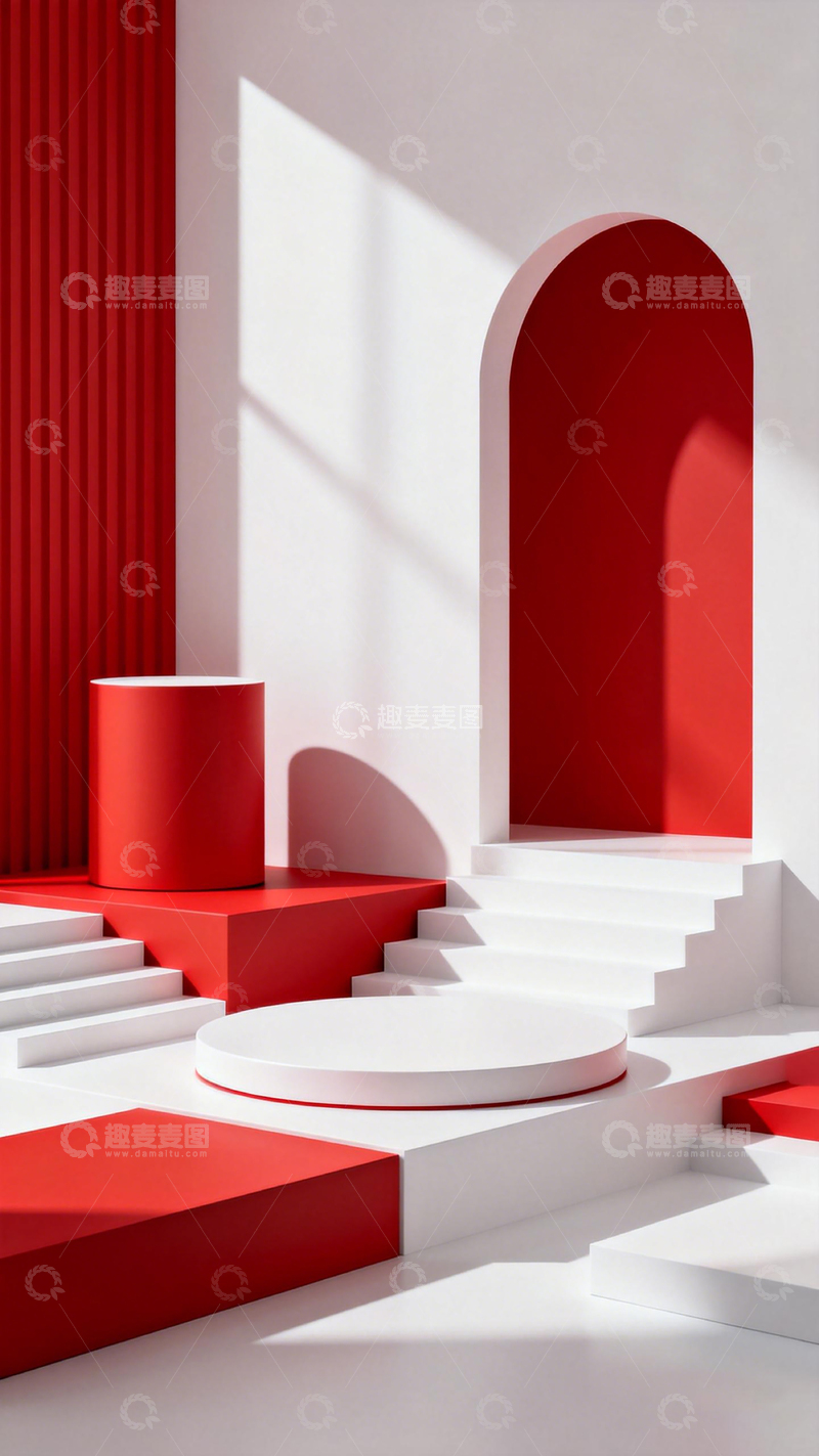高清大图下载【趣麦麦图】极简红白几何空间设计展示