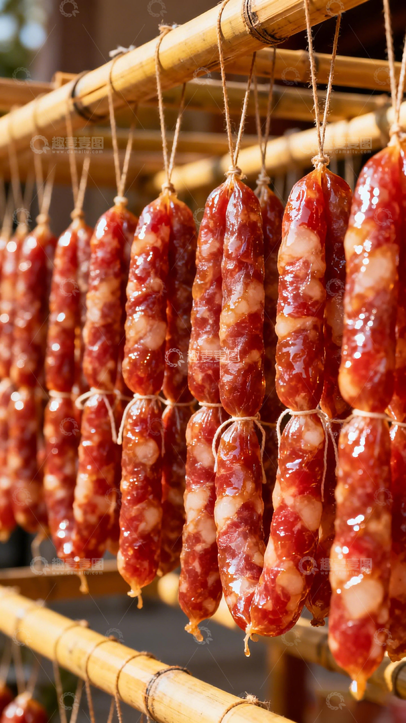高清大图下载【趣麦麦图】竹架晒腊肠传统风味
