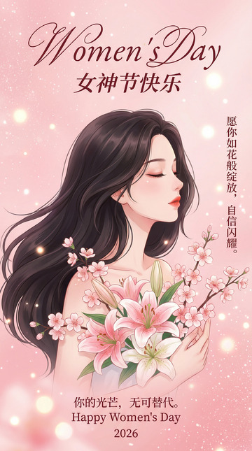 女神节插画鲜花祝福设计