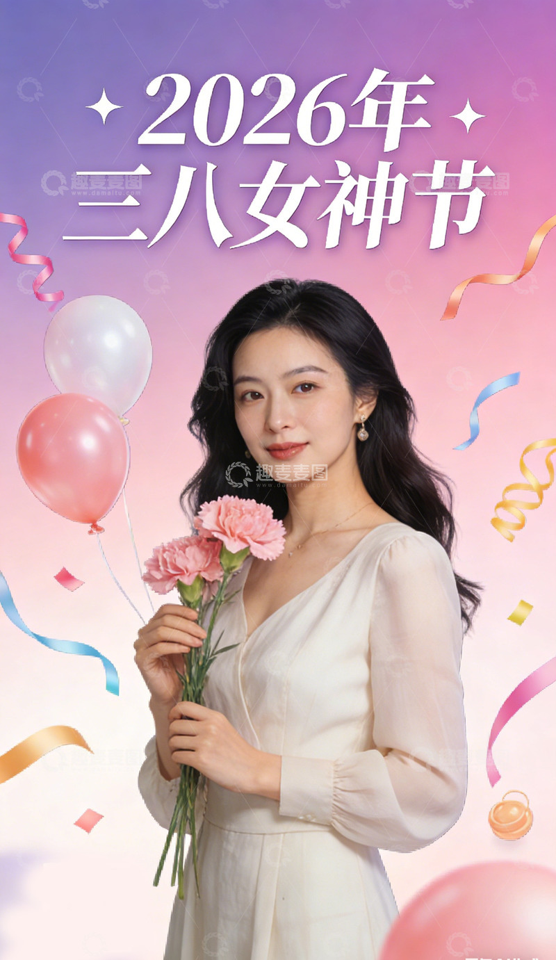 高清大图下载【趣麦麦图】三八女神节庆祝海报美女鲜花气球