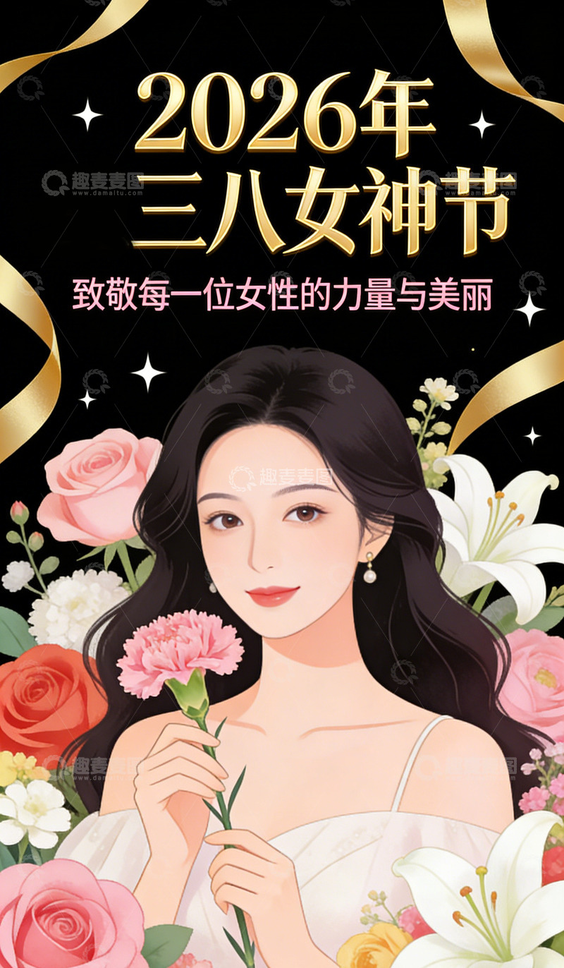 高清大图下载【趣麦麦图】动漫风三八女神节海报鲜花插画设计