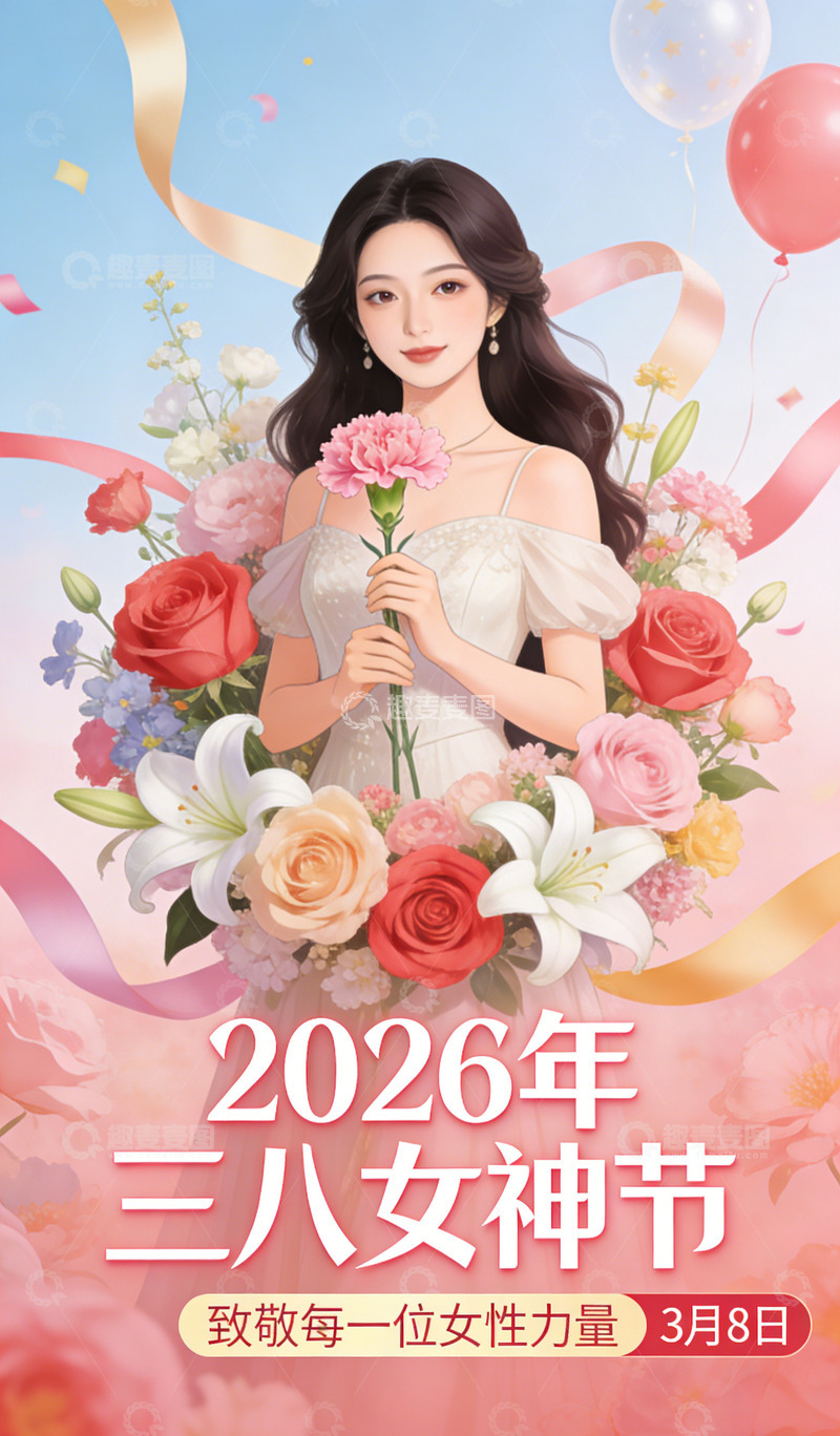 高清大图下载【趣麦麦图】女神节鲜花插画宣传海报