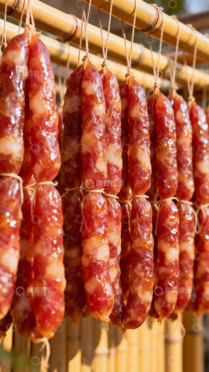 高清大图下载【趣麦麦图】晾晒腊肠传统工艺美食摄影