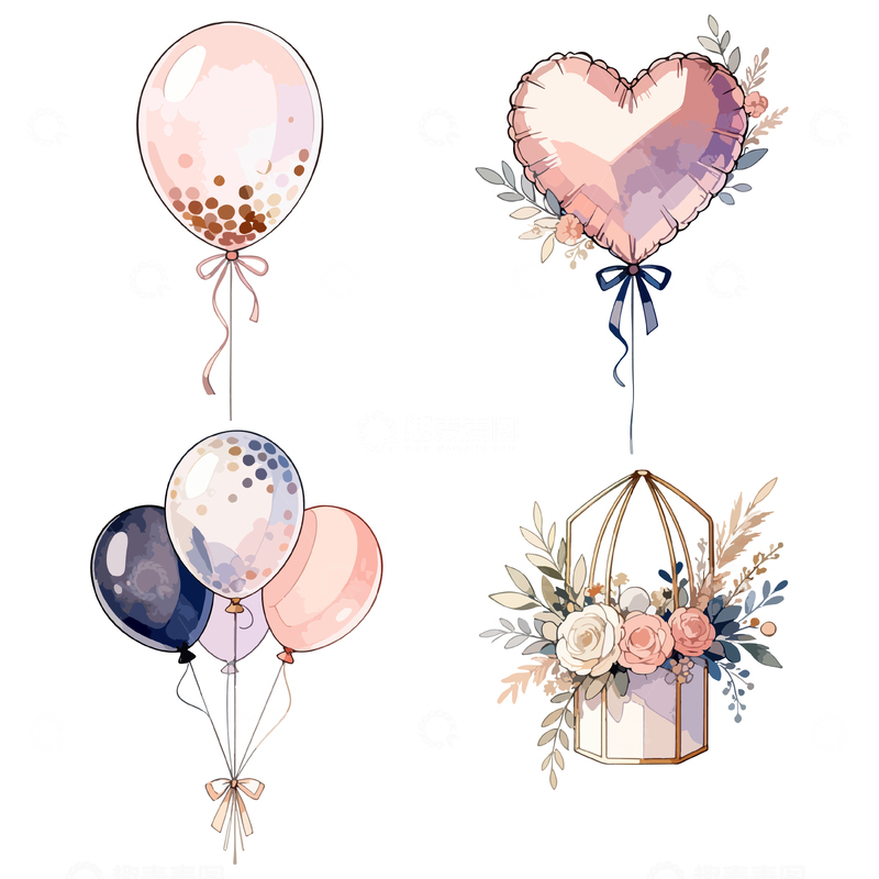源文件下载【趣麦麦图】水彩浪漫气球花卉装饰设计元素