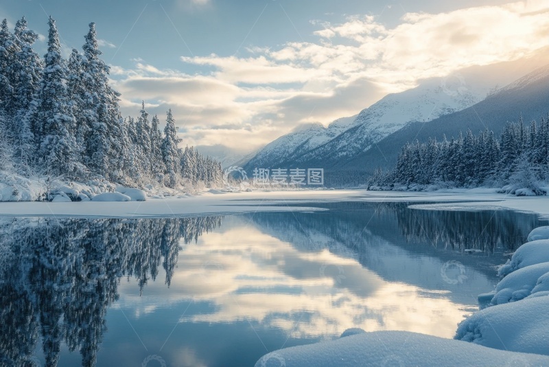 高清大图下载【趣麦麦图】冬季湖泊树林倒影