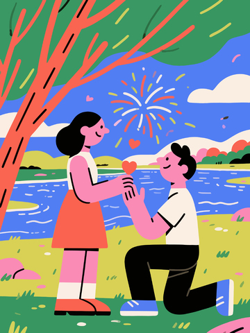 浪漫求婚湖边烟花插画
