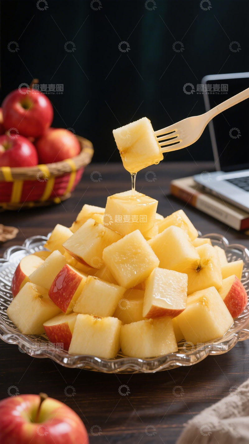 高清大图下载【趣麦麦图】玻璃盘苹果块美食摄影