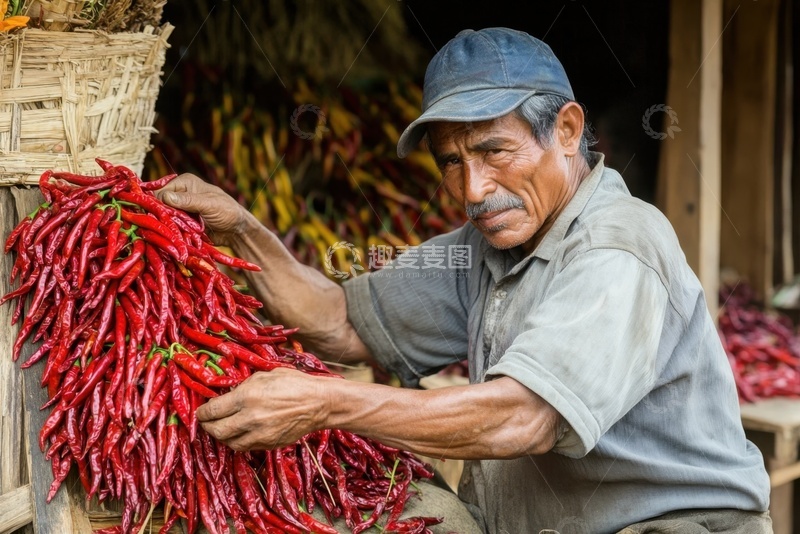 高清大图下载【趣麦麦图】拿着一串干辣椒的农民