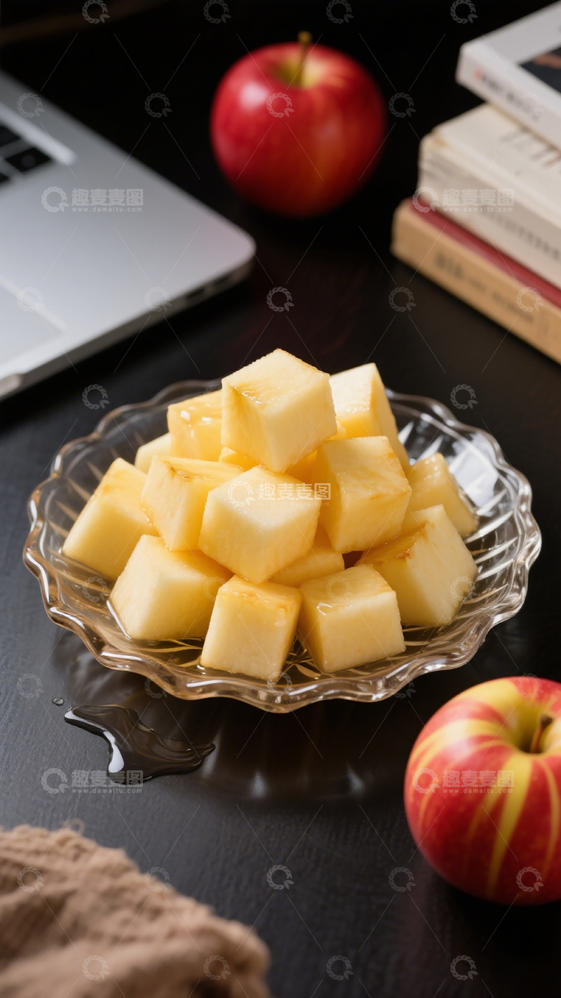 高清大图下载【趣麦麦图】玻璃盘苹果块静物摄影