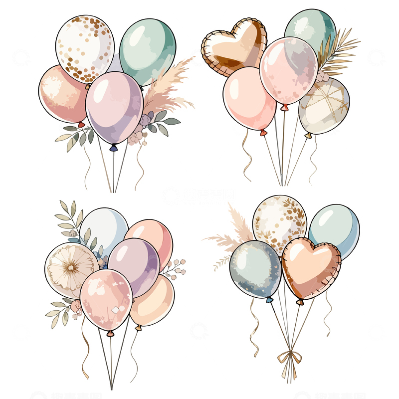 源文件下载【趣麦麦图】水彩气球花束装饰设计元素