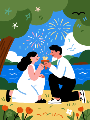 浪漫烟花下求婚场景插画