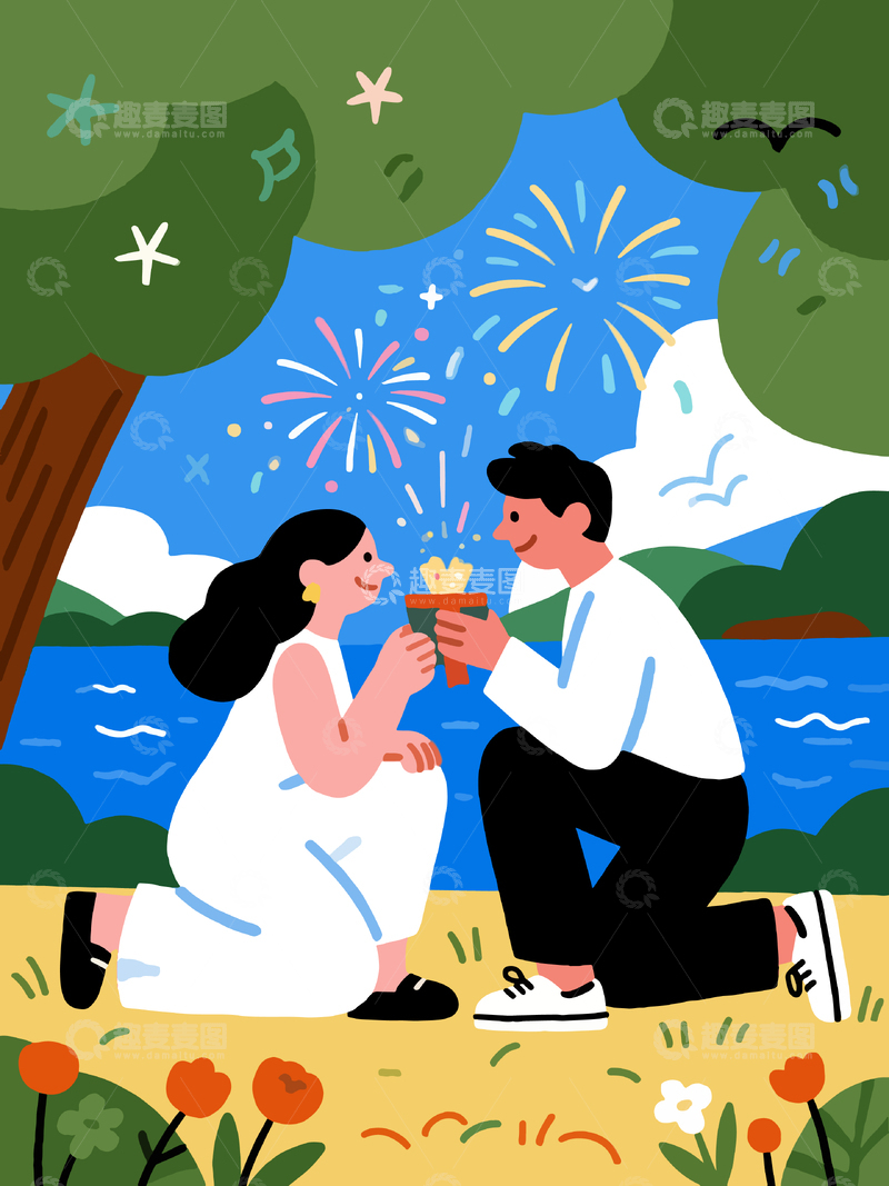源文件下载【趣麦麦图】-浪漫烟花下求婚场景插画