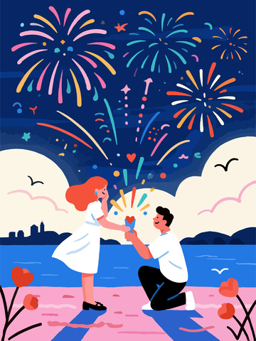 浪漫烟花求婚夜插画